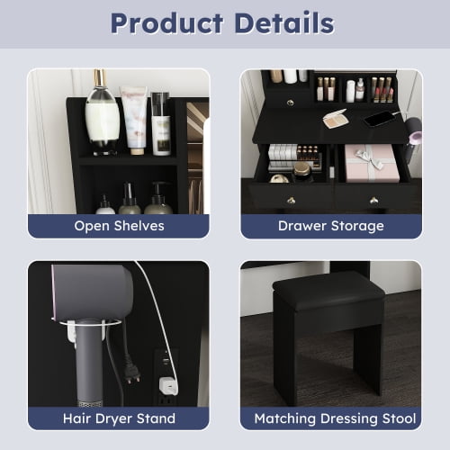 Modern Vanity Desk Set with LED Lighted Mirror, 3 Color Lighting Modes Adjustable Brightness, Built-in Power Outlet & Hair Dryer Holder, Drawers & Open Storage Shelves, Dressing Chair, Black