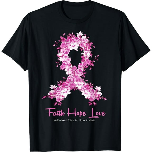 Faith Hope Love Breast Cancer Awareness Floral Pink Ribbon T-ShirtMen and women can wear, black T-shirts, gifts. Age: M,L，XL 2XL, 3XL, 111XL