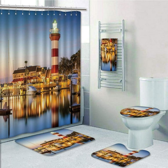 EREHome United States Hilton Head South Carolina house Twi Water Reflection Boats Idyllic 5 Piece Bathroom Set Shower Curtain Bath Towel Bath Rug Contour Mat and Toilet Lid Cover