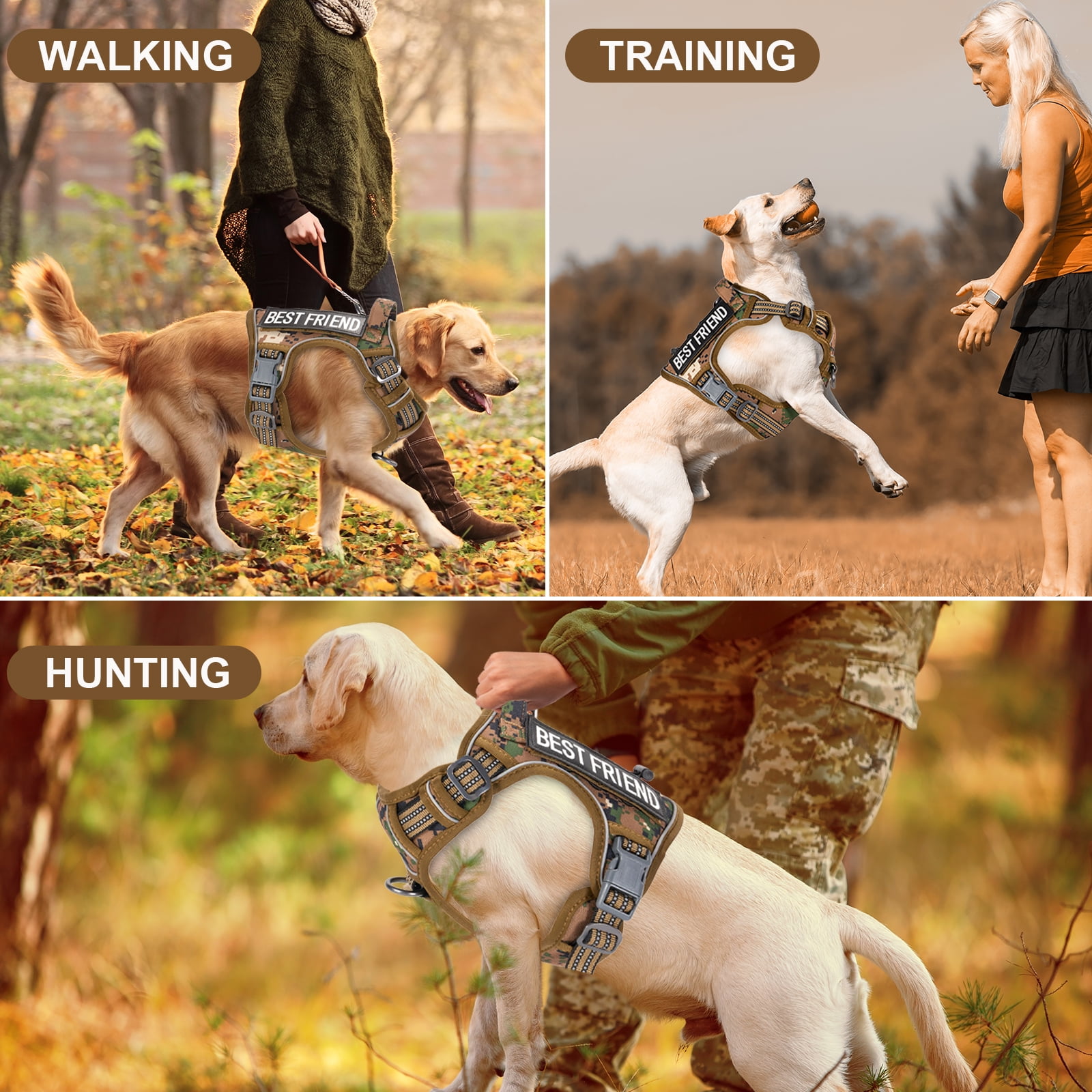 HUTACT Dog Harness, No Pull Harness, No Choke Reflective Vest with Handle, Adjustable Pet Harness for Running Walking, Khaki, Extra Large Size