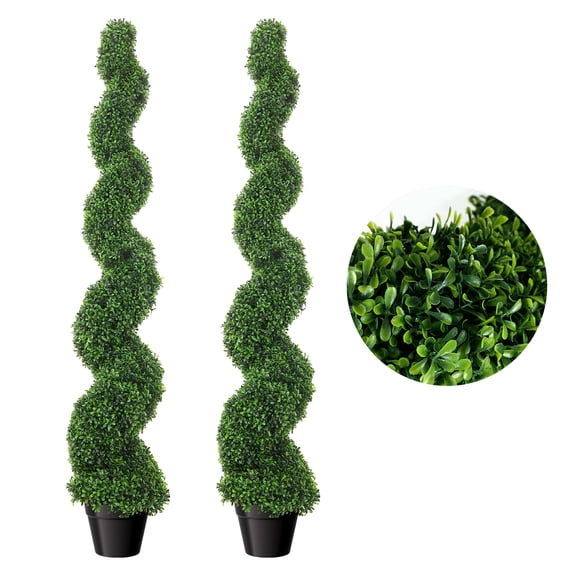 Artificial Boxwood Spiral Topiary Trees, Set of 2, 5 Ft Tall Decorative Fake Greenery, Faux Twisted Trees with PE Leaves, All-Year Green Plants in Cement-Filled Plastic Pot for Porch, Garden, Room