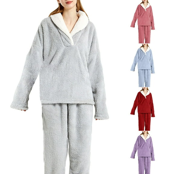Antinious Womens Fleece Collared Thickened Loose Long Sleeve Long Pants Sleepwear Set,Pajamas for Women Set,Ladies Sleepwear Outfits,Gray,L