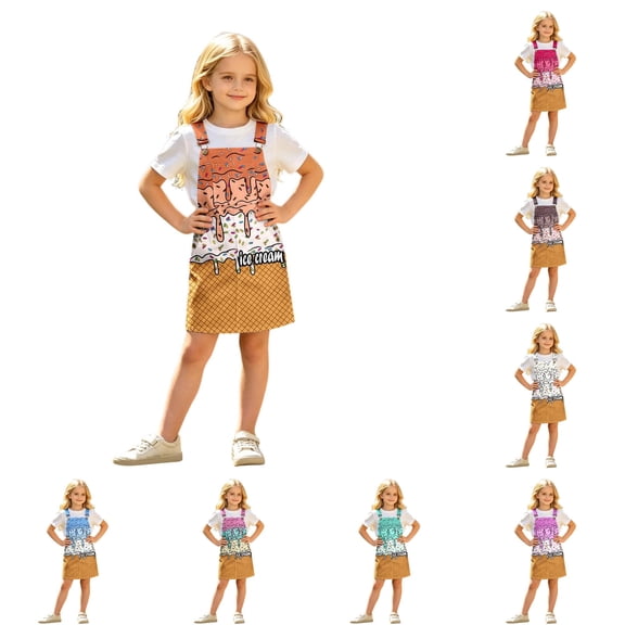 OSOLU Overall Dress For Girls Adjustable Straps Ice Cream Printed Loose Fit Suspender Dress With Pockets Kids Girl Summer Clothes 4-13Y