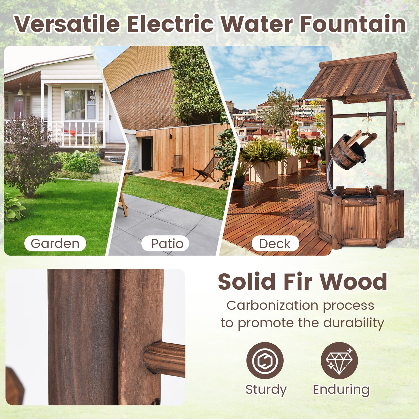 Patiojoy Rustic Wishing Well Water Fountain Wooden Decorative Electric Backyard with Electric and Water Bucket Pump for Outdoor