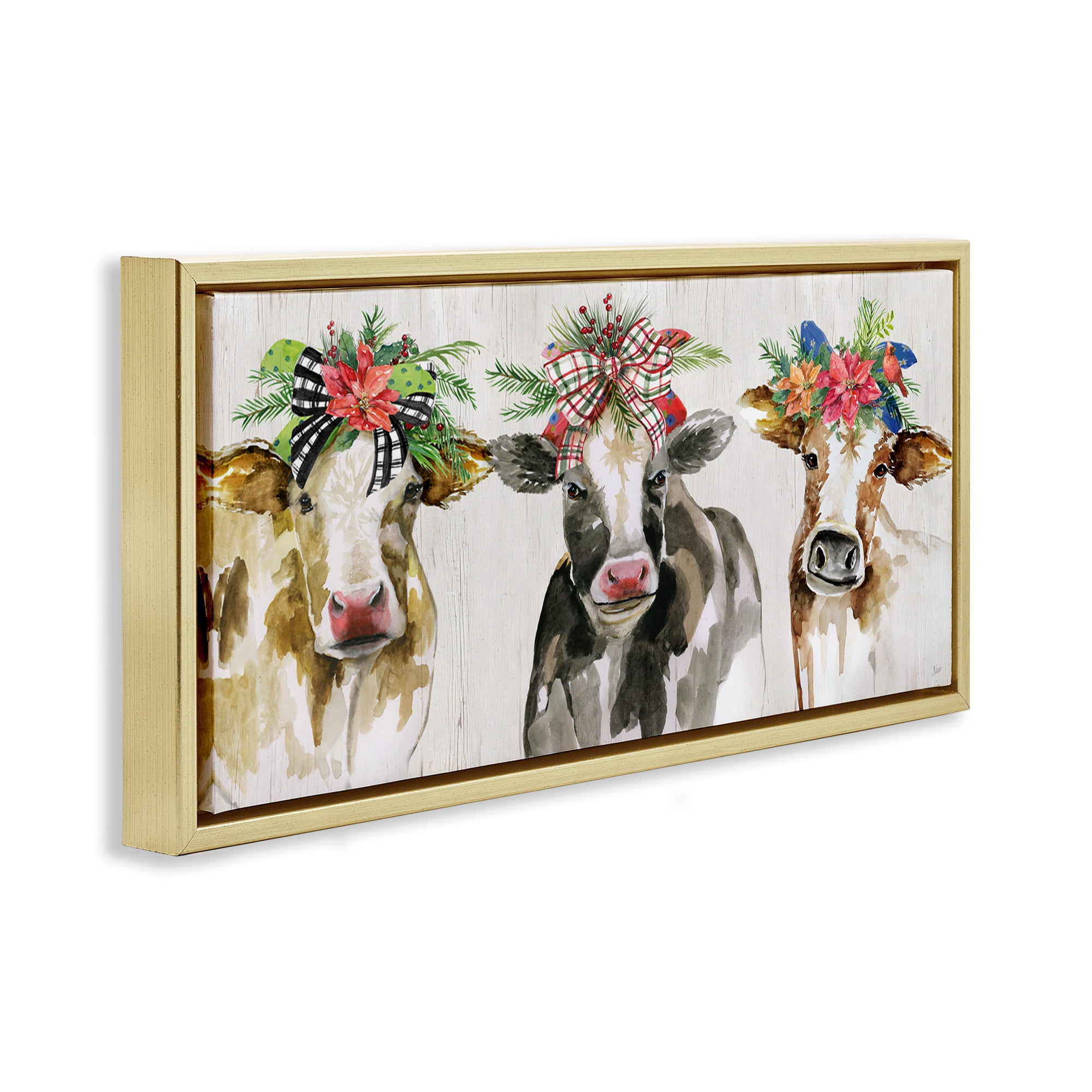 Stupell Industries Three Cows Seasonal Floral Crowns Animals & Insects Painting Gold Floater Framed Canvas Art Print Wall Art, 31 x 14