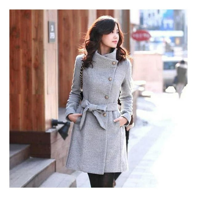 Winter Pea Coat Felt Long Jacket for Women Single Breasted Stand Collar S-L with Pockets Tie Waist Long Sleeve Long Overcoats Solid Color  S Gray
