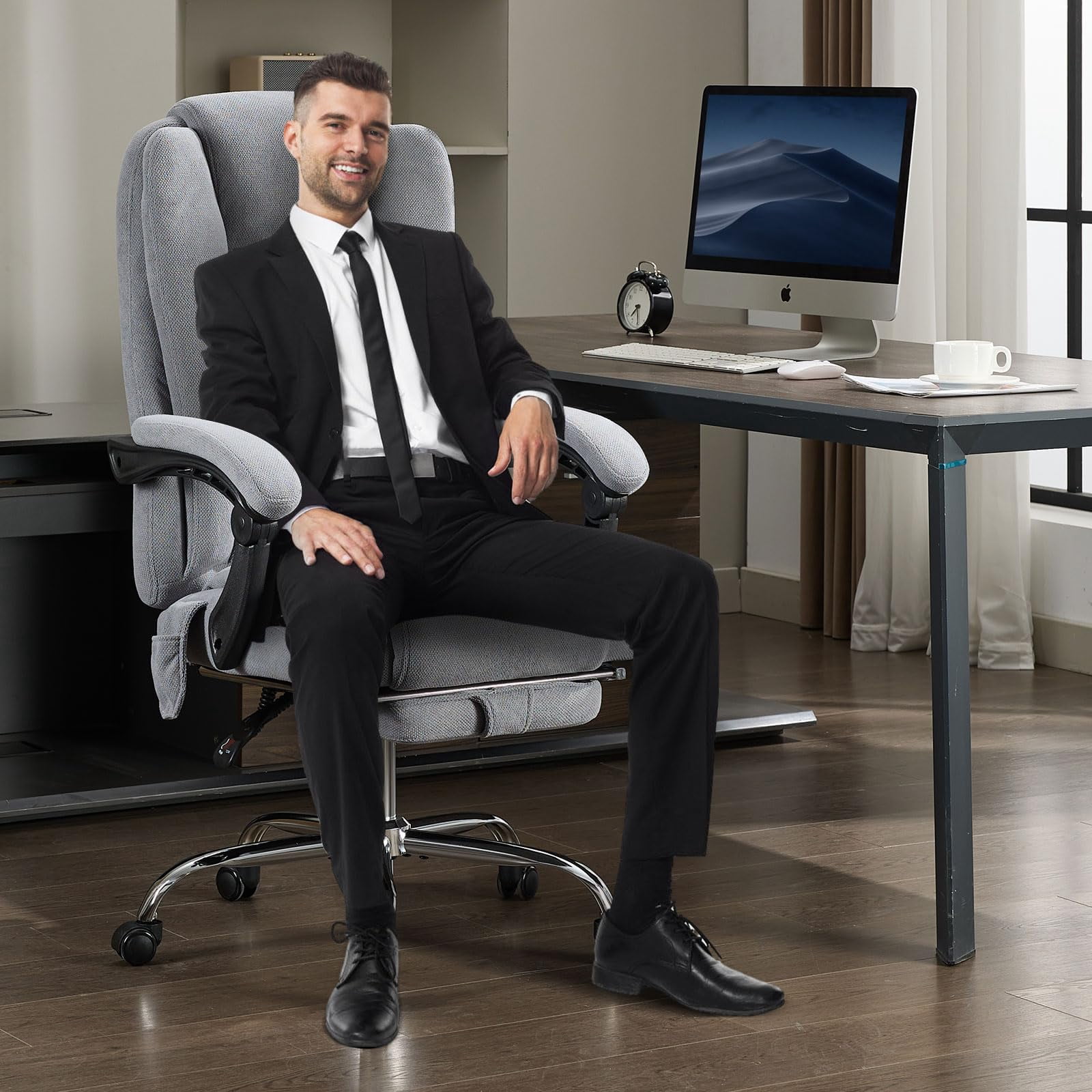 JONPONY Big and Tall Office Chair 500LBS Executive Office Chair Massage and Footrest Ergonomic Computer Desk Chair Reclining High Back Leather Office Chair Lumbar Back Support Swivel Rolling,Grey