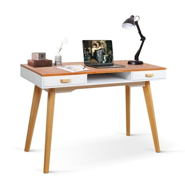 Facilehome Solid Wood Writing Desk with 2 Drawers, 19.7 x 42.5 in, White