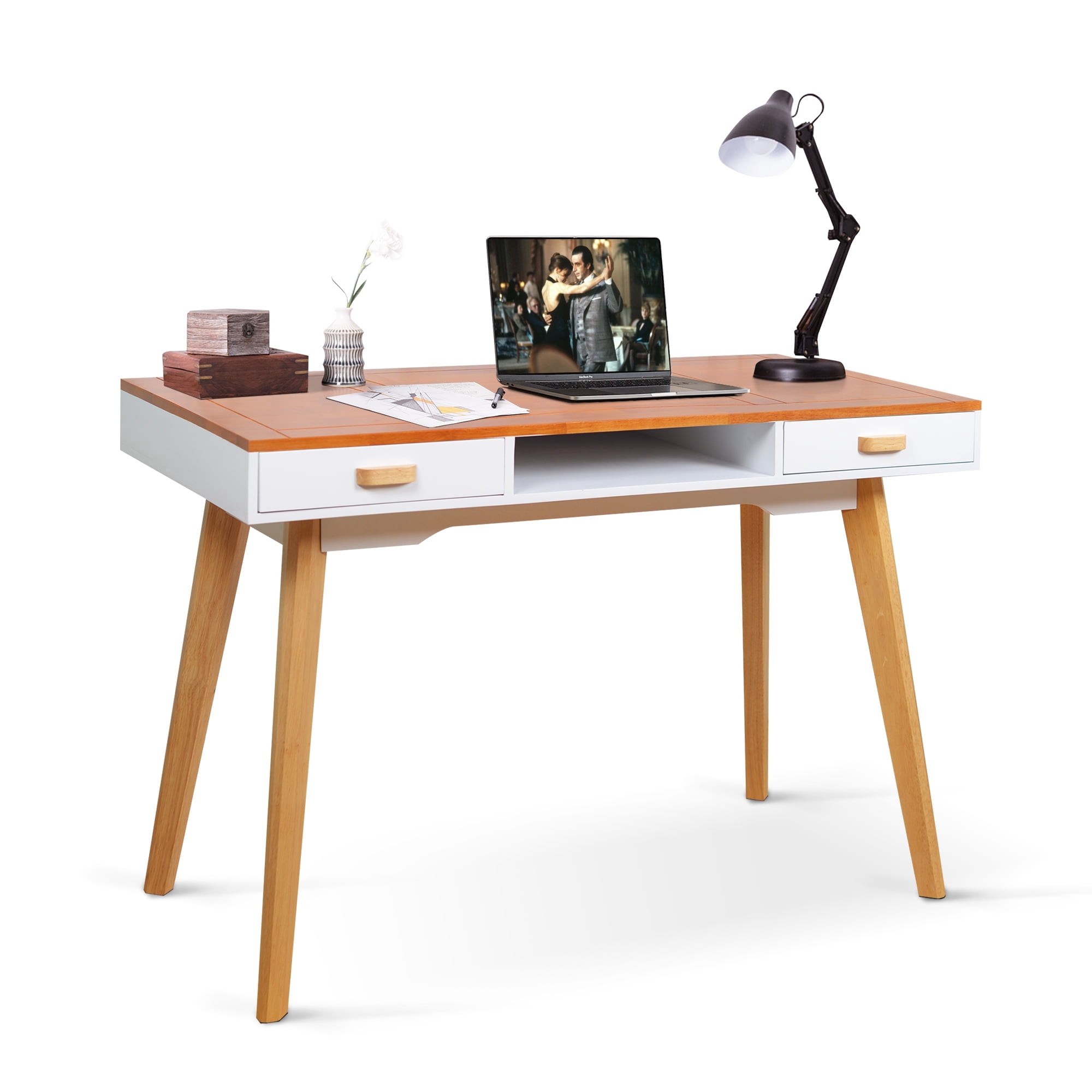 Facilehome Solid Wood Writing Desk with 2 Drawers, 19.7 x 42.5 in, White
