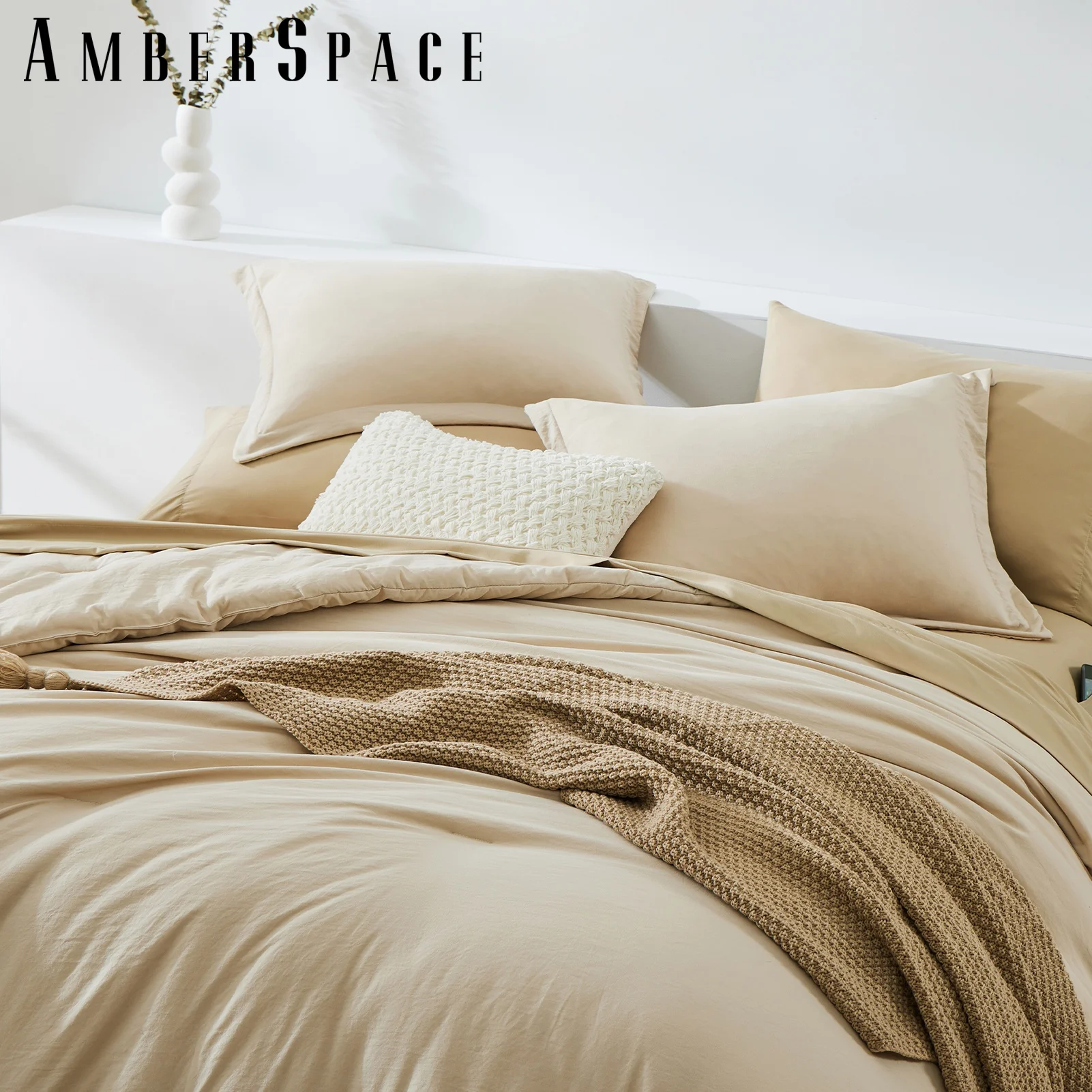 Amberspace Prewashed fabric 5-piece Bed in a Bag Comforter Set with Sheets,Beige,Twin-XL