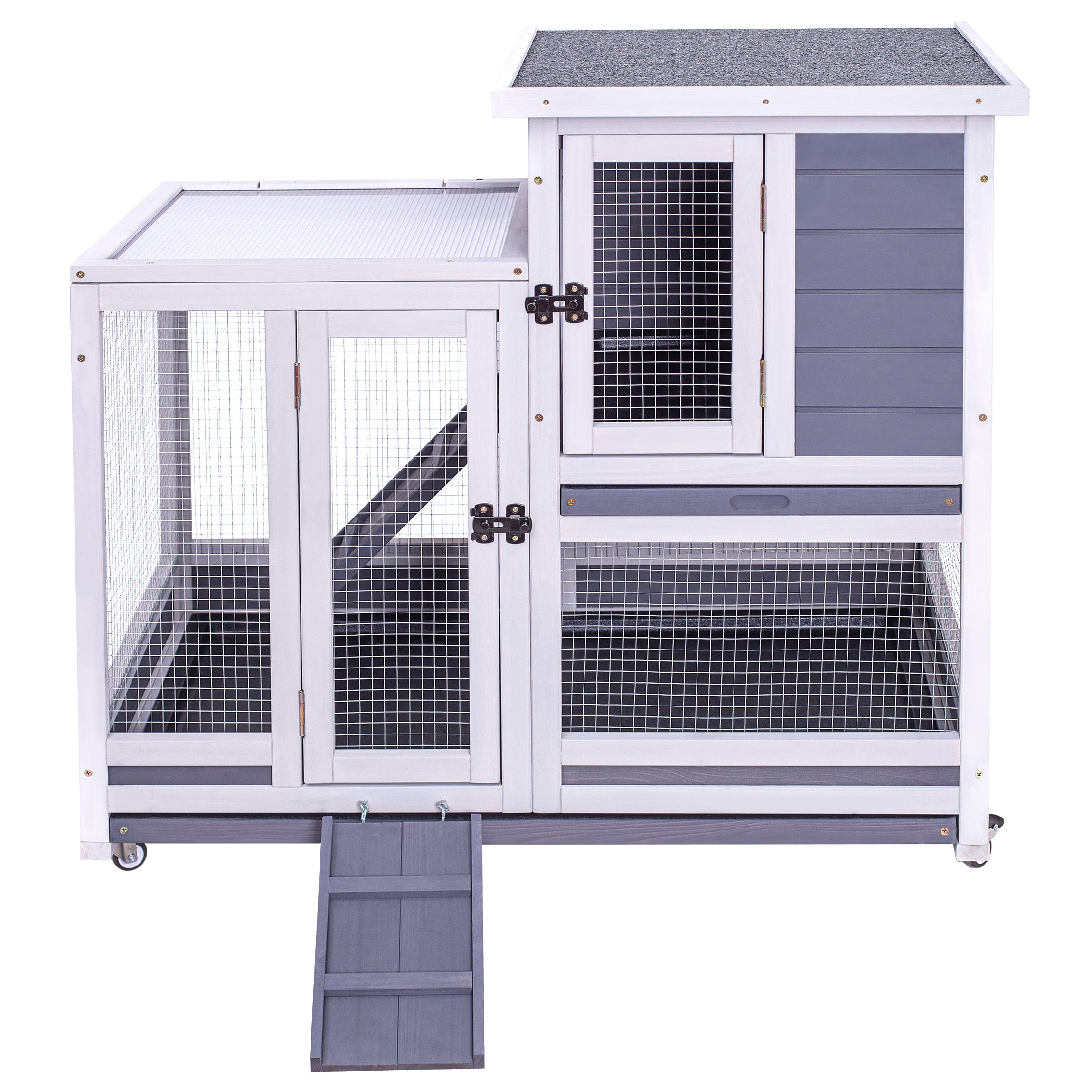 GEGURI Rabbit Hutch, Two-Story Indoor Bunny Cage, Outdoor Guinea Pig Cages for Small Animals with Wheels, Removable Tray