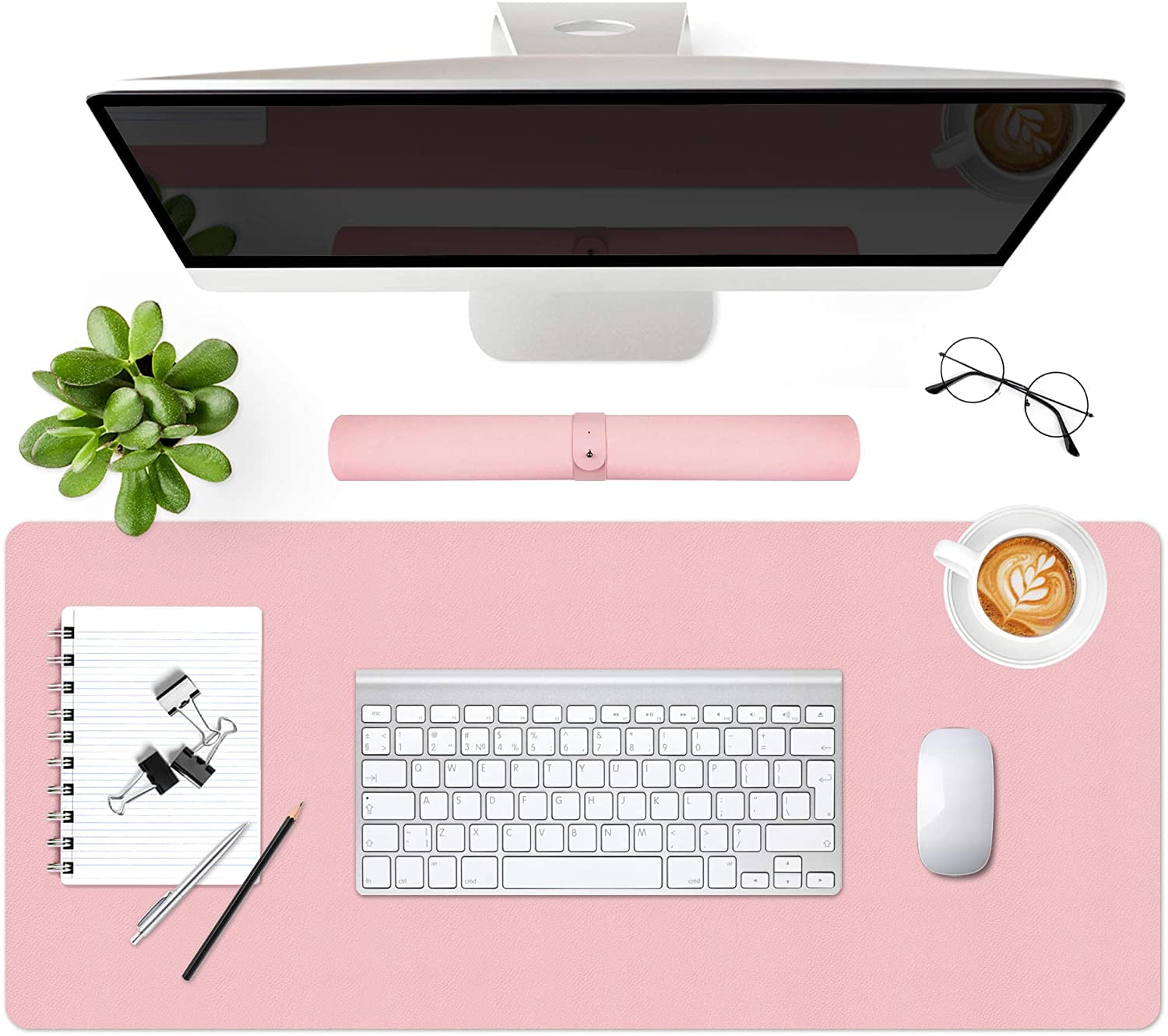35 1/2 x15 3/8 in XXL Leather Mousepad for Computer Leather Desk Mouse Pad Pink Full Desk Protector & Writing Blotter for Office Work Extra Large Mat with Non-Slip Suede Base Laptop Keyboard 