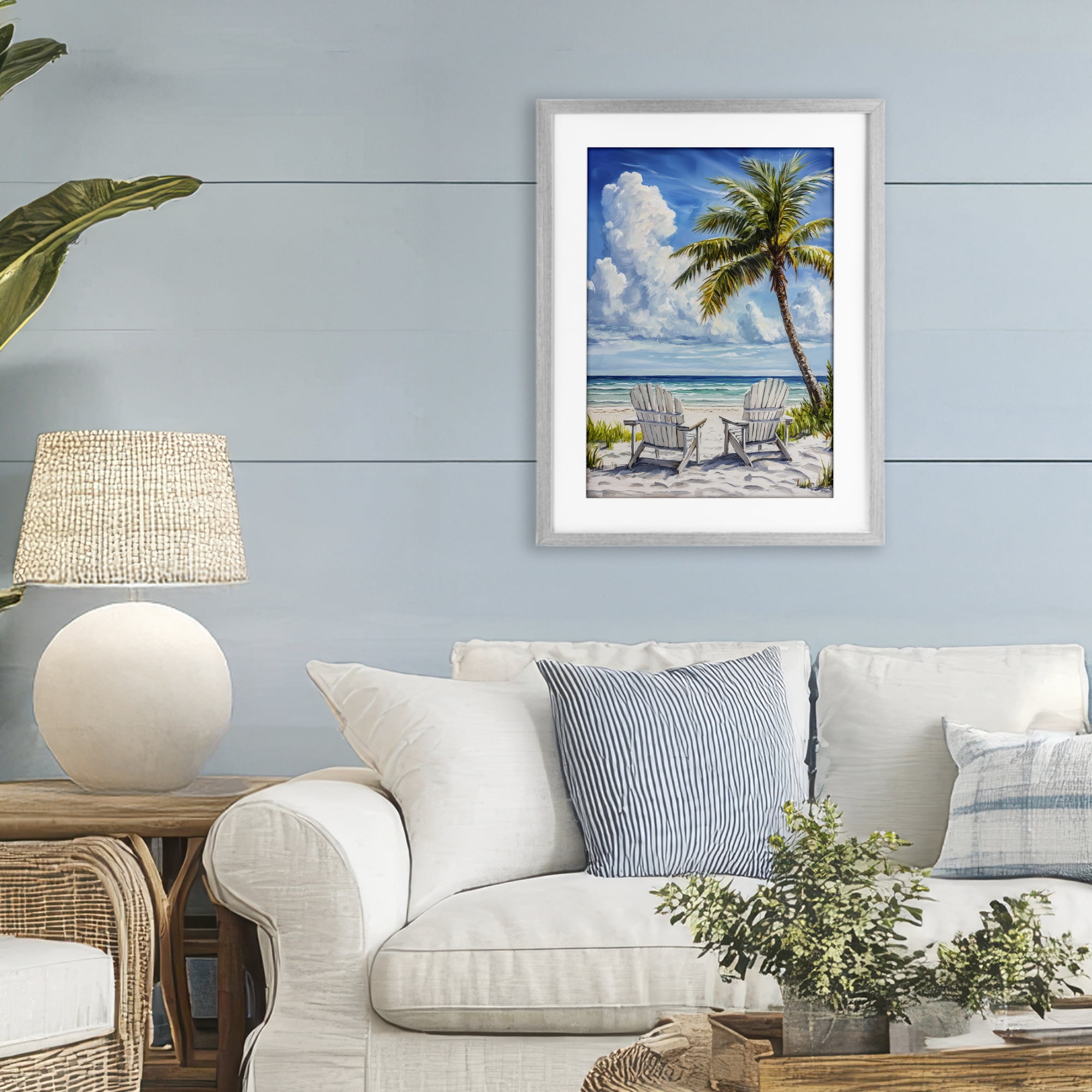 Stupell Industries Clouded Beach with Looming Palm Gray Framed Print Under Glass, design by Petal Prints Design