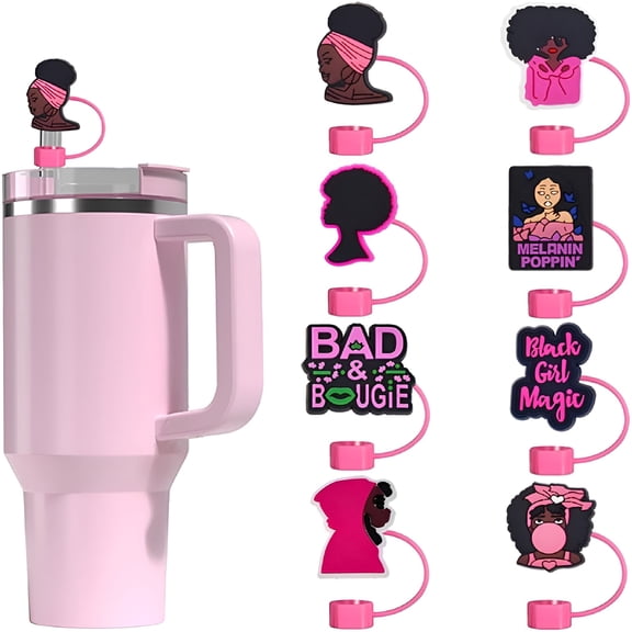 ACDANC 8Pcs Pink Black Girl Straw Covers Cap,Cute Silicone Straw Topper Compatible with 10Mm/0.4In Diameter Straws,Reusable Dust-Proof Tips