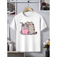 thumbnail image 1 of Girls' Cute Cat Graphic T-Shirt - Soft & Comfortable Cotton Blend, Casual Round Neck Tee with Adorable Cat & Ice Cream Print, Perfect for Summer, Everyday Tshirt | Playful Print Shirt | Comfortable F, 1 of 5