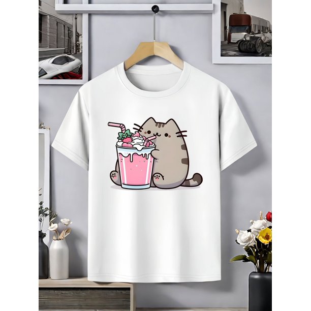 Girls' Cute Cat Graphic T-Shirt - Soft & Comfortable Cotton Blend, Casual Round Neck Tee with Adorable Cat & Ice Cream Print, Perfect for Summer, Everyday Tshirt | Playful Print Shirt | Comfortable F