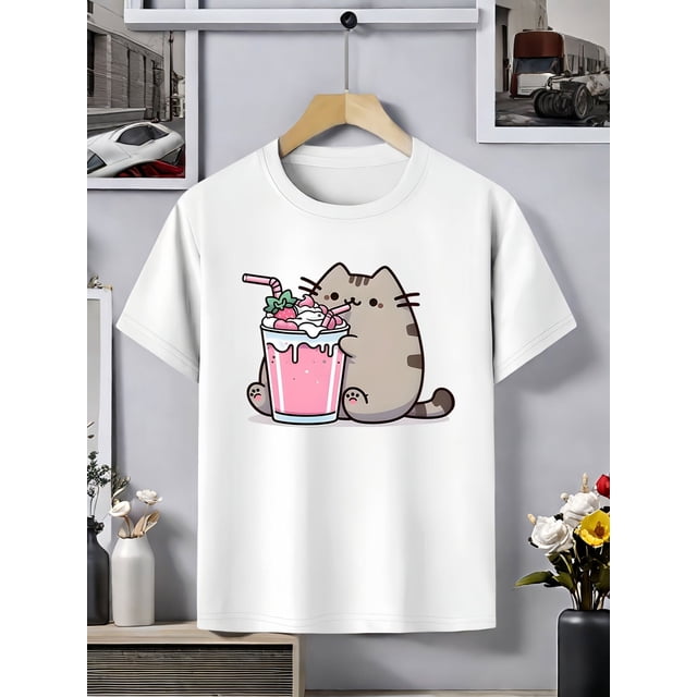 Girls' Cute Cat Graphic T-Shirt - Soft & Comfortable Cotton Blend, Casual Round Neck Tee with Adorable Cat & Ice Cream Print, Perfect for Summer, Everyday Tshirt | Playful Print Shirt | Comfortable F