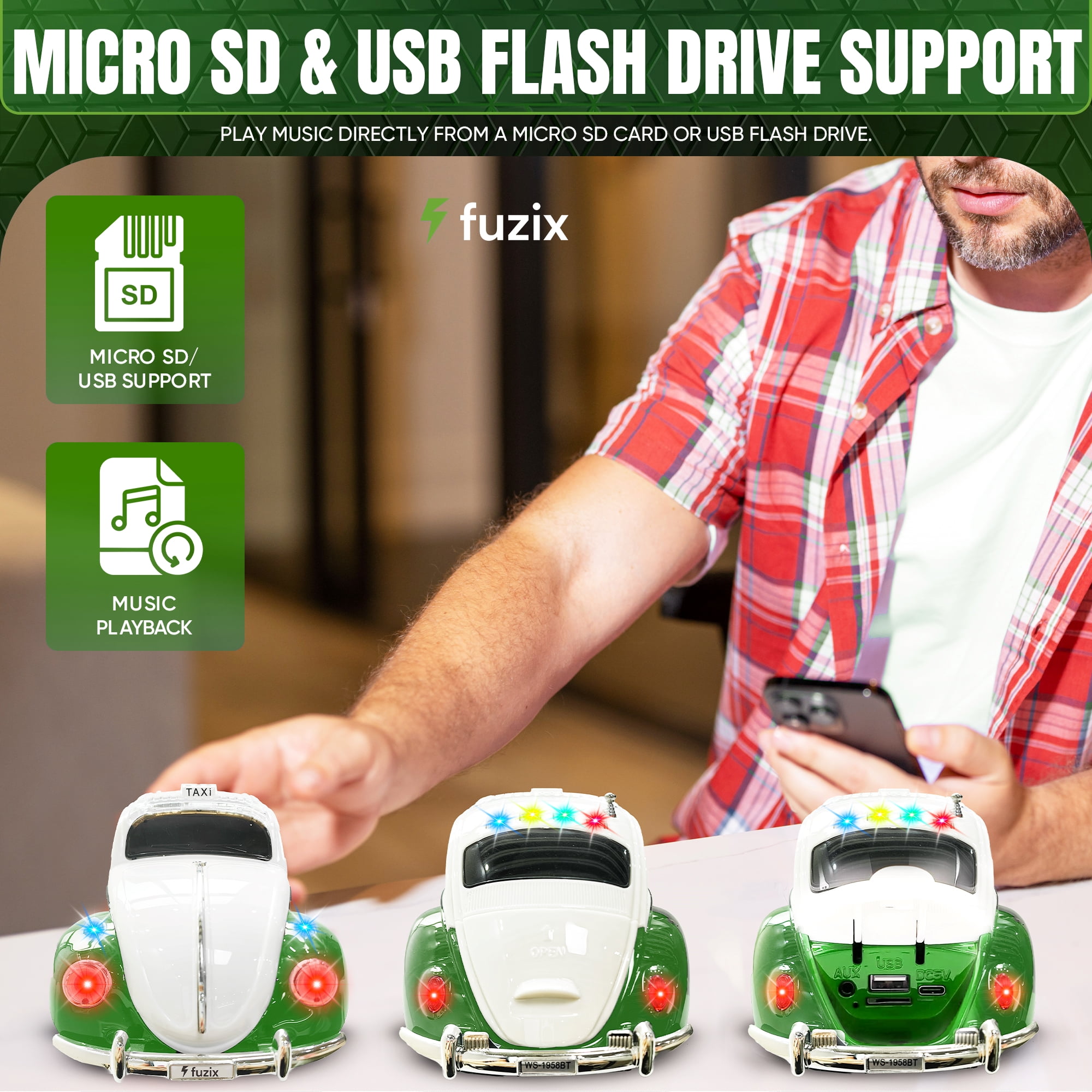 Fuzix WS-1958 Car Bluetooth Portable Speaker with LED AUX USB FM Rechargeable