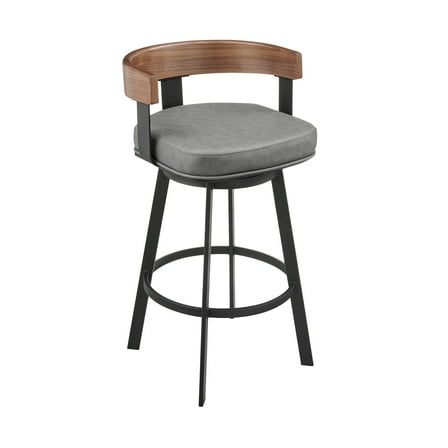 Idris 30" Swivel Bar Stool in Black Iron with Walnut Finish and Vintage Gray Faux Leather