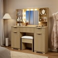 thumbnail image 2 of LainTene Get Ready with Me Vanity Set with Mirror & Lights, Modern Glass Top Dressing Table with 3 Drawers & 2 Large Storage Cabinets, Fluted Vanity Desk for Femal Gift, Natural, 2 of 10
