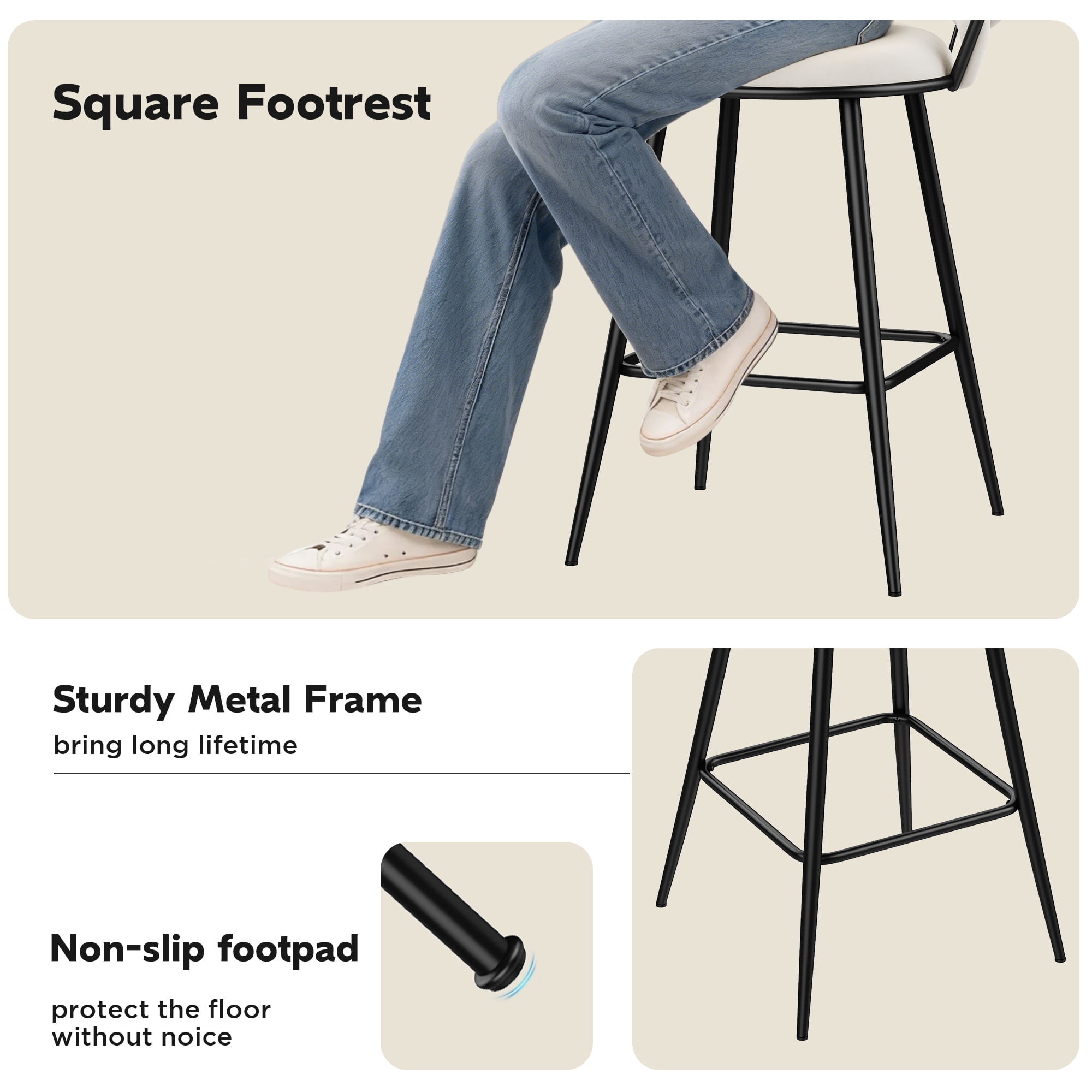 Andeworld 24'' Barstools set of 4, Modern Velvet Bar Stools with Woven Back, Counter Height Barstools with Upholstered Seating, Square Footrest, Ivory