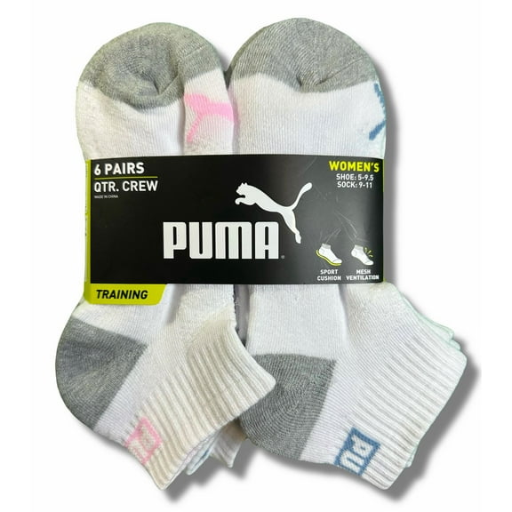 PUMA SOCKS WOMEN'S - QUARTER 253 - ZING WHITE PINK - SHOE SZ 5-9.5 -PACK 6