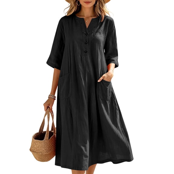 SAWOBUUN Womens Casual Midi Dress 3/4 Sleeve V Neck Button Tunic Dress Breathable Comfortable Sundress with Pockets
