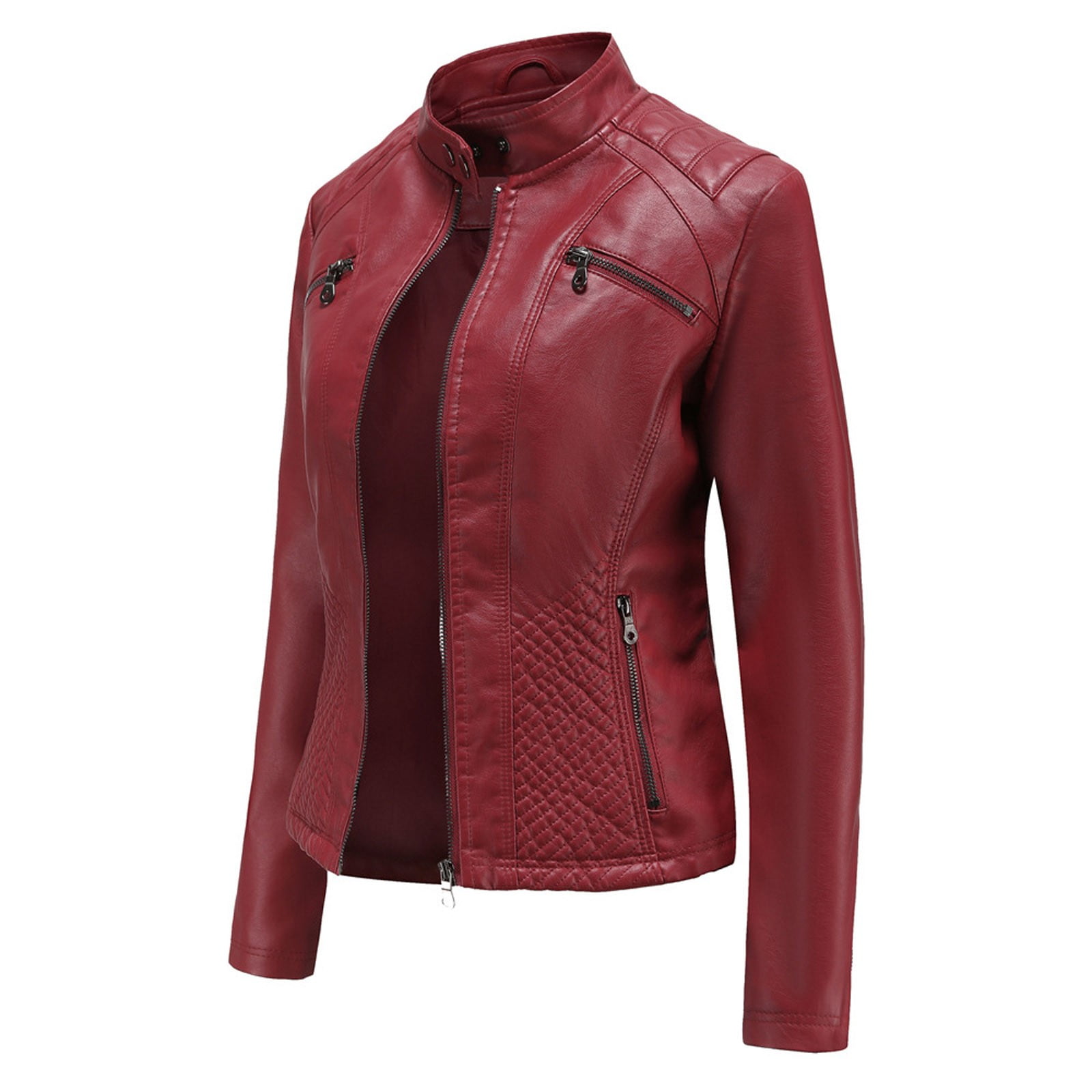 IROINNID Women's Faux Leather Jacket Long Sleeve Casual Biker Zip Up Jacket,Burgundy
