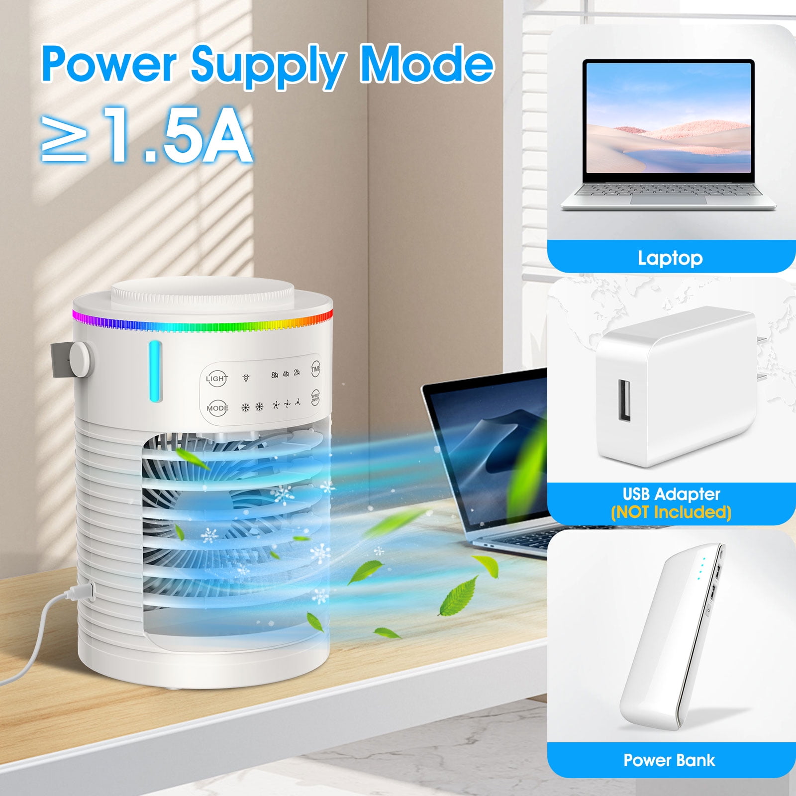 Portable Air Conditioners & Cooler - 3-Sec Fast Cooling, 600mL Tank with Ice Compartment, 3 Fan Speeds + 2 Mist Modes, 48dB Ultra-Quiet, Adjustable Airflow - for Bedroom, Office & Travel