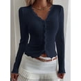 thumbnail image 4 of Womens Cardigan Sweaters Lace Ruffle Trim V Neck Long Sleeve Button Front Ribbed Knit Cute Fitted Crop Tops Navy Blue M, 4 of 9