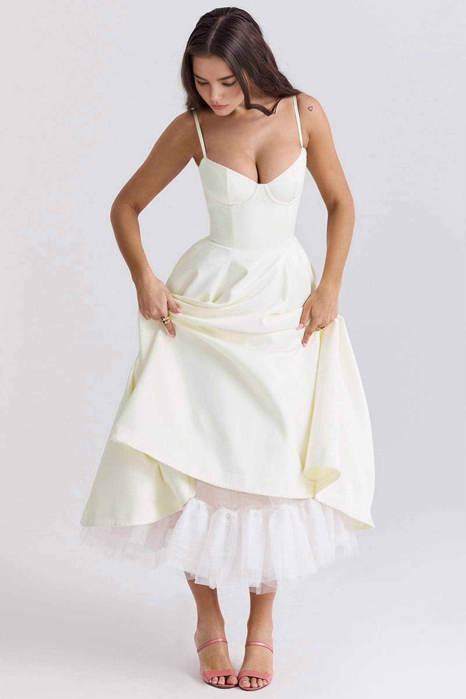 Wedding Guest Dresses for Women Spaghetti Straps Corset Homecoming Floral Lace Maxi Prom Dresses Cream White M