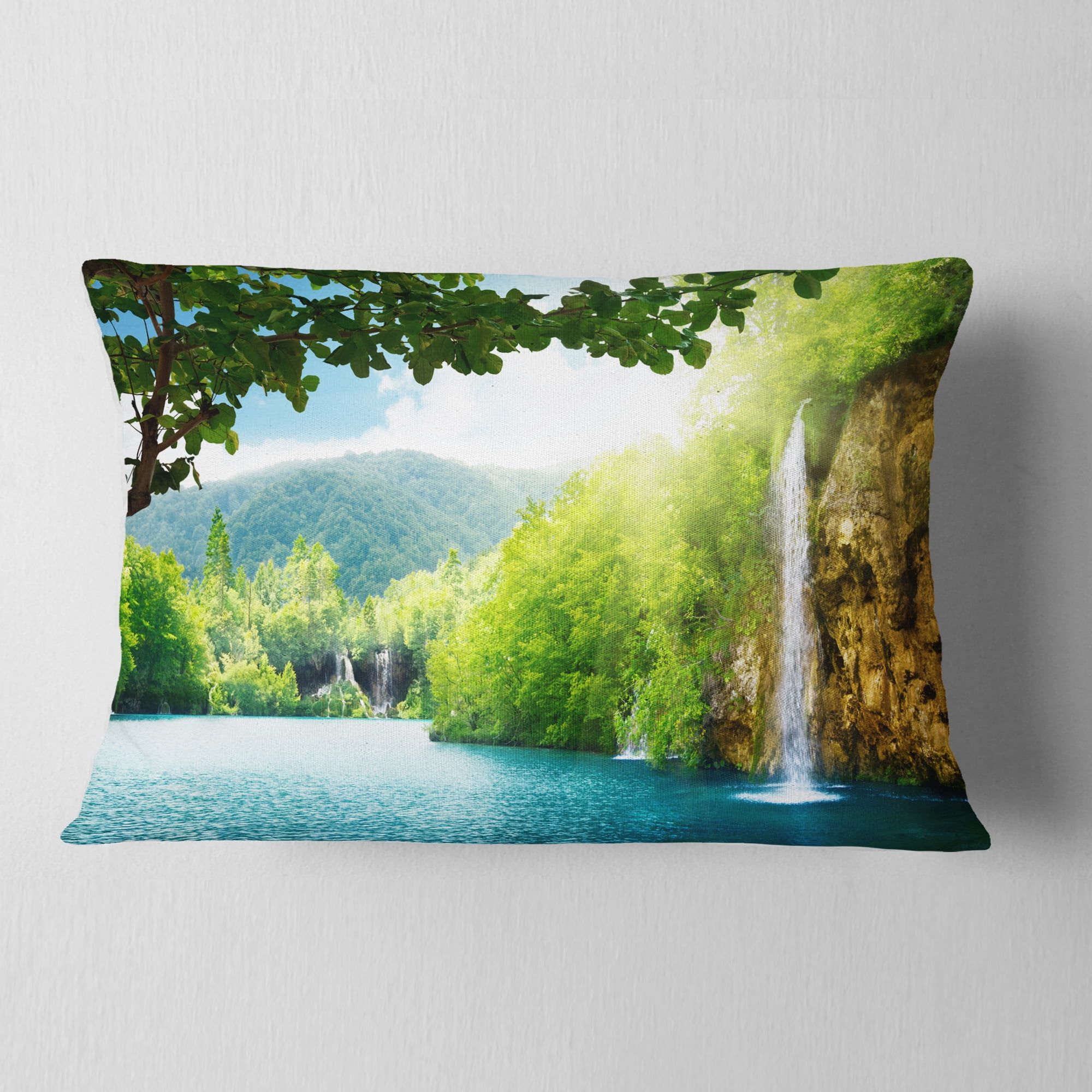 Designart Waterfall in Deep Forest - Landscape Photography Throw Pillow - 12x20