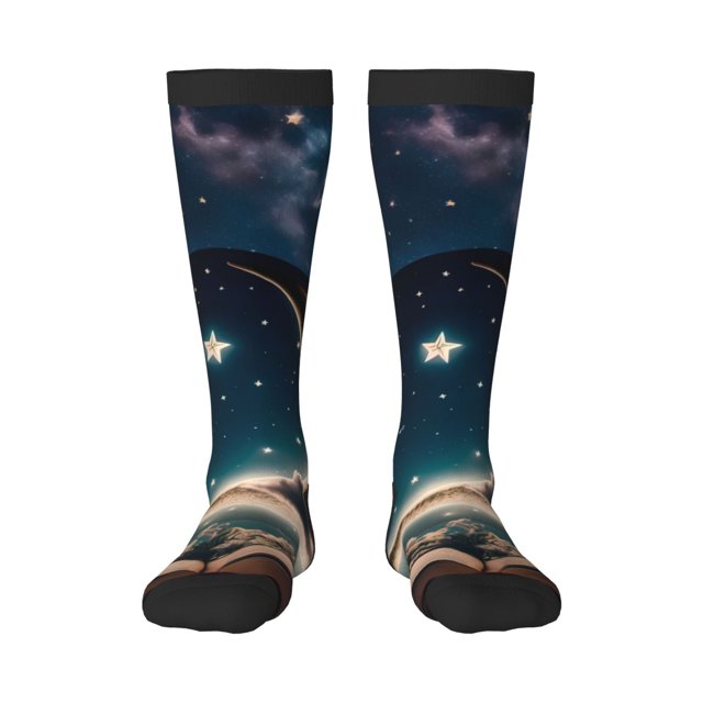 Fotbe Artistic Starry Sky Moon Book Calcetas Divertidas Estampadas para Hombre y Mujer, Calcetas de Algodón hasta la Rodilla para Caminar, Correr, Enfermería y Embarazo