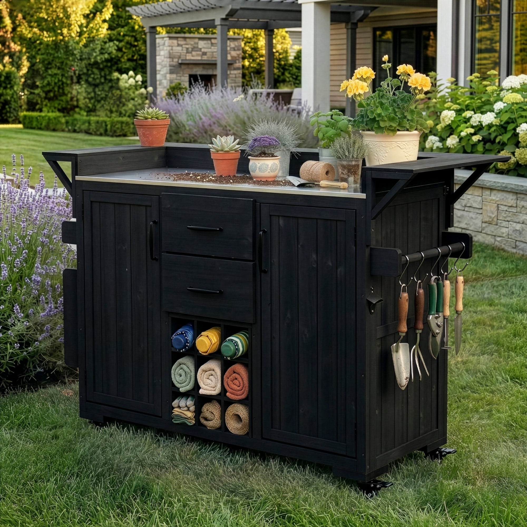YIYADO Modern 60.2''W Outdoor Kitchen Island with Wheels, Rolling Patio BBQ Kitchen Cart with Stainless Steel Top, Wood Grill Cart with Spice Rack & Wine Rack, 2 Drawers, Black