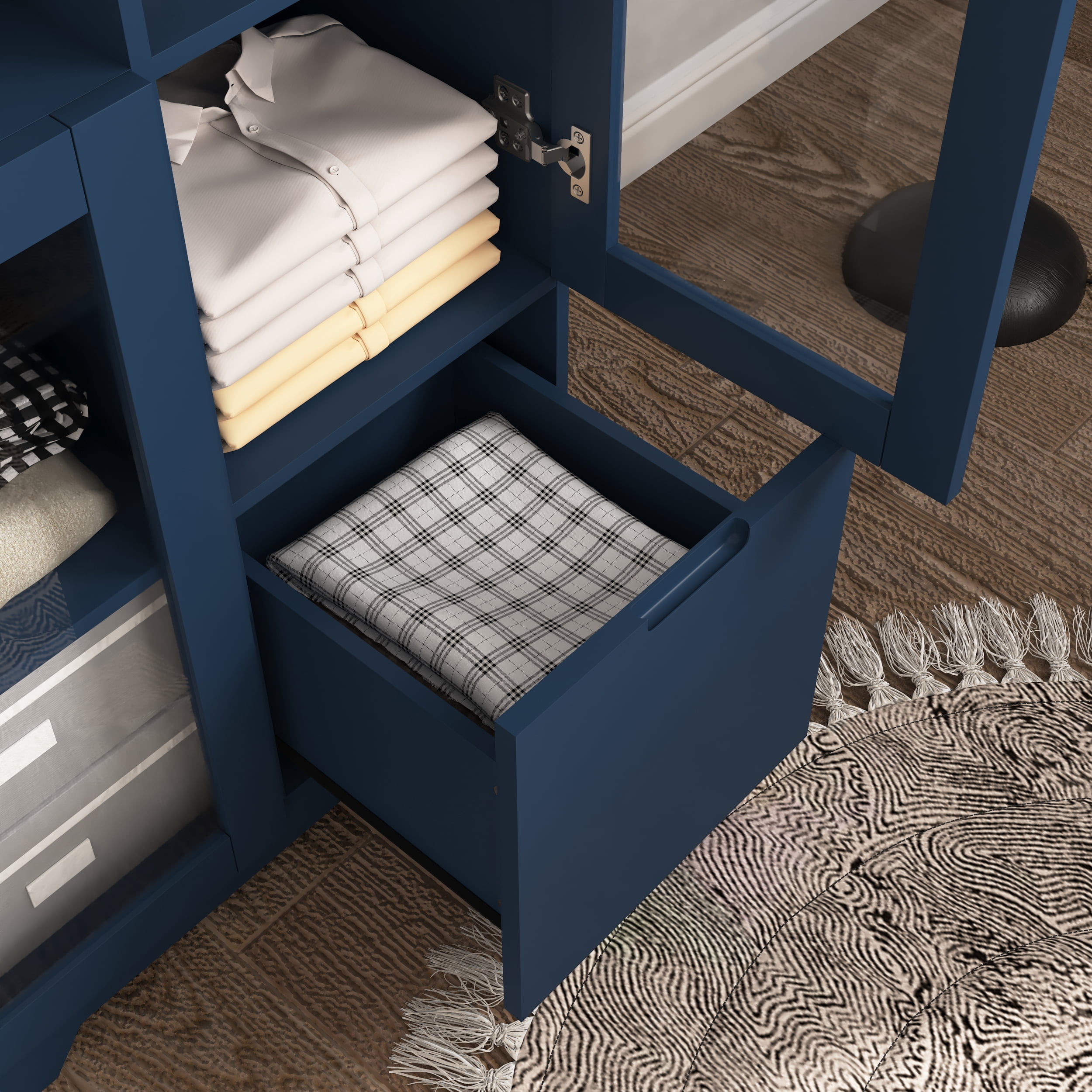 MAYEERTY White MDF Cabinet with Glass Doors & Drawer, Modern Storage Cabinet for Living Room & Bedroom, Blue