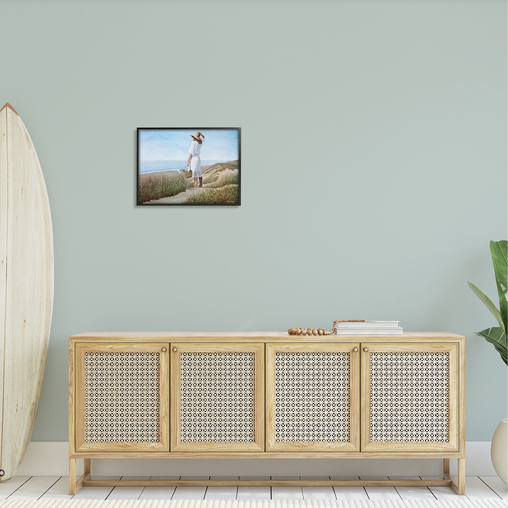 Stupell Industries Woman Enjoying Peaceful Beach Shore Landscape View Painting Black Framed Art Print Wall Art, Design by Tom Mielko