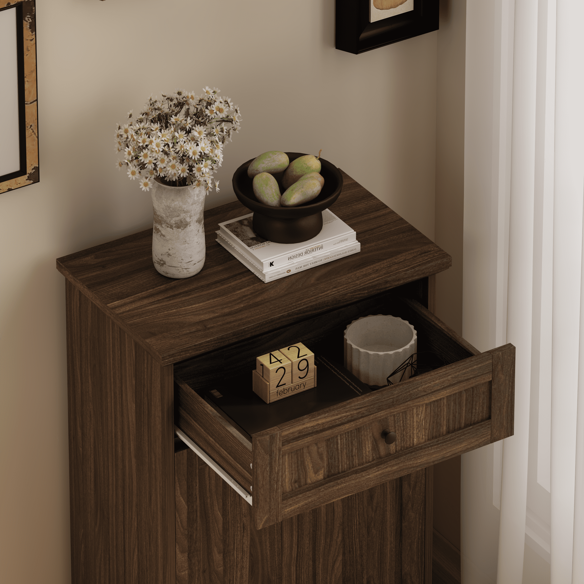 10 Gallon Tilt Out Trash Cabinet Freestanding Trash Bin Cabinet Wood Garbage Recycling Cabinet with Hideaway Drawer Pet Proof Trash Can Holder for Kitchen Living Room, Antique Brown (not include can)