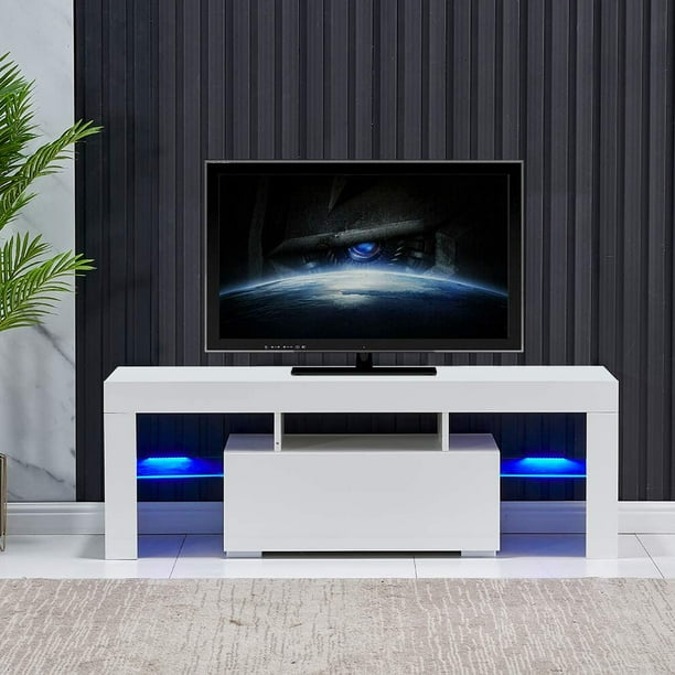 Corner TV Console Table, Modern White TV Stand with HighGloss LED