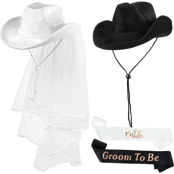 SATINIOR 2 Pcs Chapeau de Mariée Cowgirl avec Voile, Chapeaux de Marié Cowboy, Décoration de Fête de Célibataire pour Douche Nuptiale