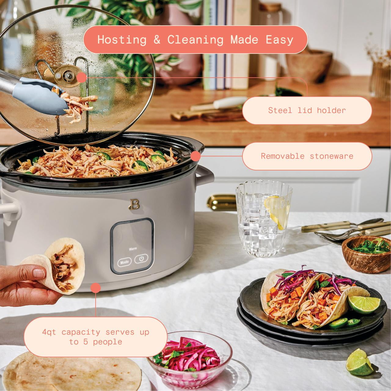 Beautiful 4Qt Slow Cooker with Touch-Activated Display, Porcini Taupe by Drew Barrymore