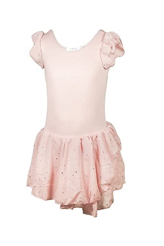 Girls Breathable Leotard Ballet Dance Dress with Round Sequins Sparkled Ruffle Sleeves