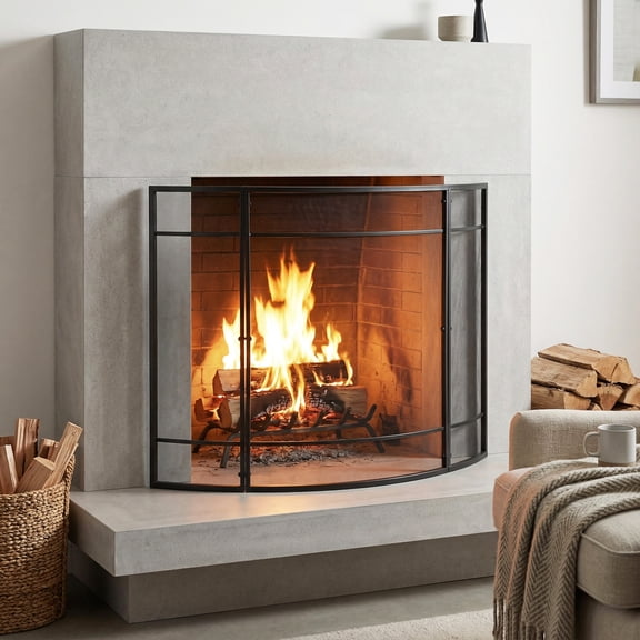 Indoor Fireplaces Regina 1-Panel Curve Iron Fireplace Screen 38" x 32", Black Finish,Electric Indoor Fireplaces