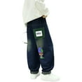 thumbnail image 3 of FAOWME Big Boys Denim Pants With Pocket Elastic Waist Wide Leg Straight Fit Cartoon Print Comfortable Loose Jeans Trousers For Daily Wear Blue 15-16 Years, 3 of 9