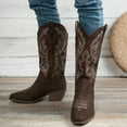 thumbnail image 2 of Rokment Women's Roman Wide Mid Calf Cowboy Boots Fall Winter Vintage Embroidered V Cut out Slip on Western Cowgirl Tall Boots, 2 of 7