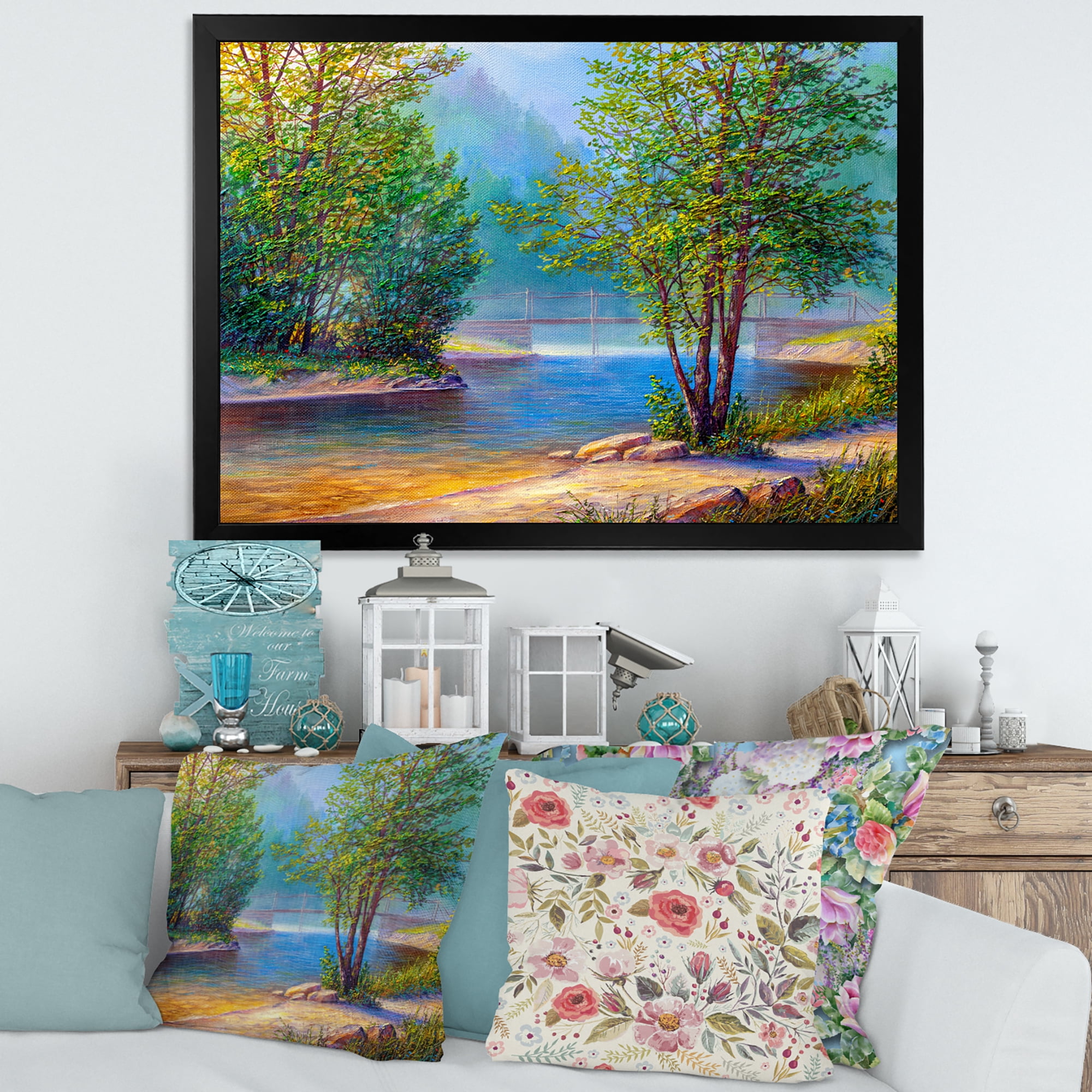 Designart 'Green Trees By The Bridge Over River' Traditional Framed Art Print