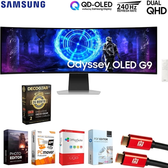 Samsung LS49DG956SNXGO 49 inch Odyssey OLED G9 Dual QHD Curved Gaming Monitor Bundle with Elite Suite 18, 2x HDMI Cable and Deco Gear CPS Exclusive 26 Month Protection Pack (BEACH-CPS-26M2000)