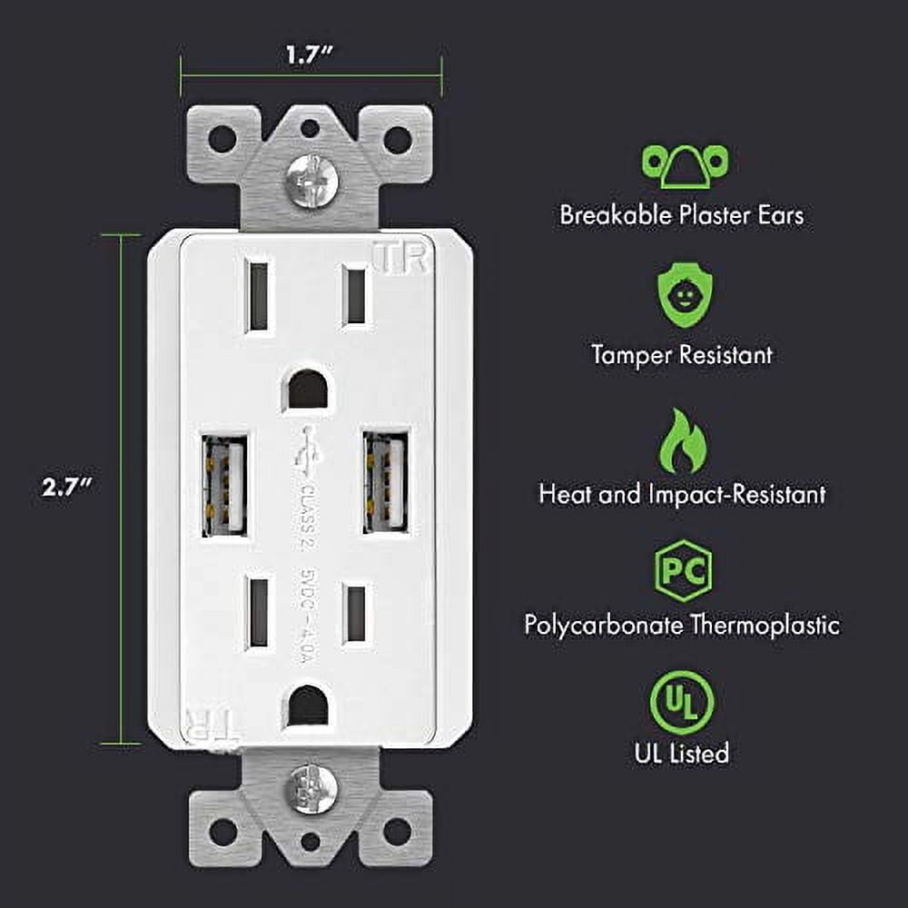 TOPGREENER TU2154A, 15A 125VAC White Dual USB Charger Electrical Outlet