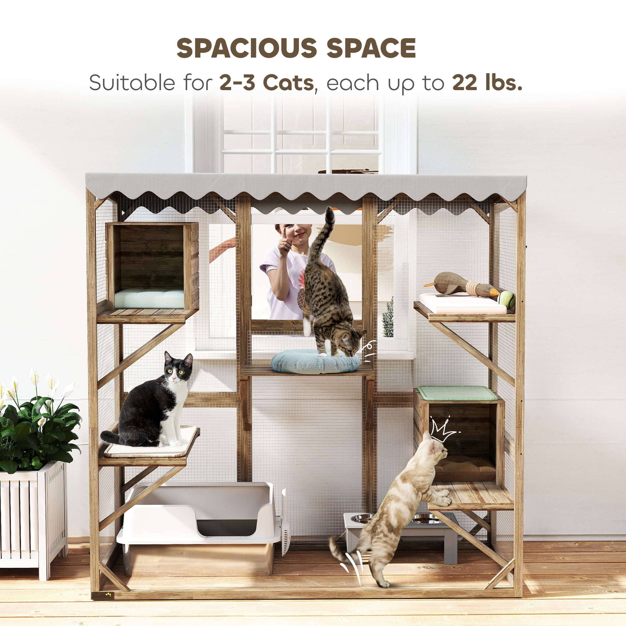 PawHut Catio Outdoor Cat Enclosure, Wooden Cat House with Window Access, 5 Platforms and 2 Resting Boxes, Waterproof Roof for Multiple Cats, Brown