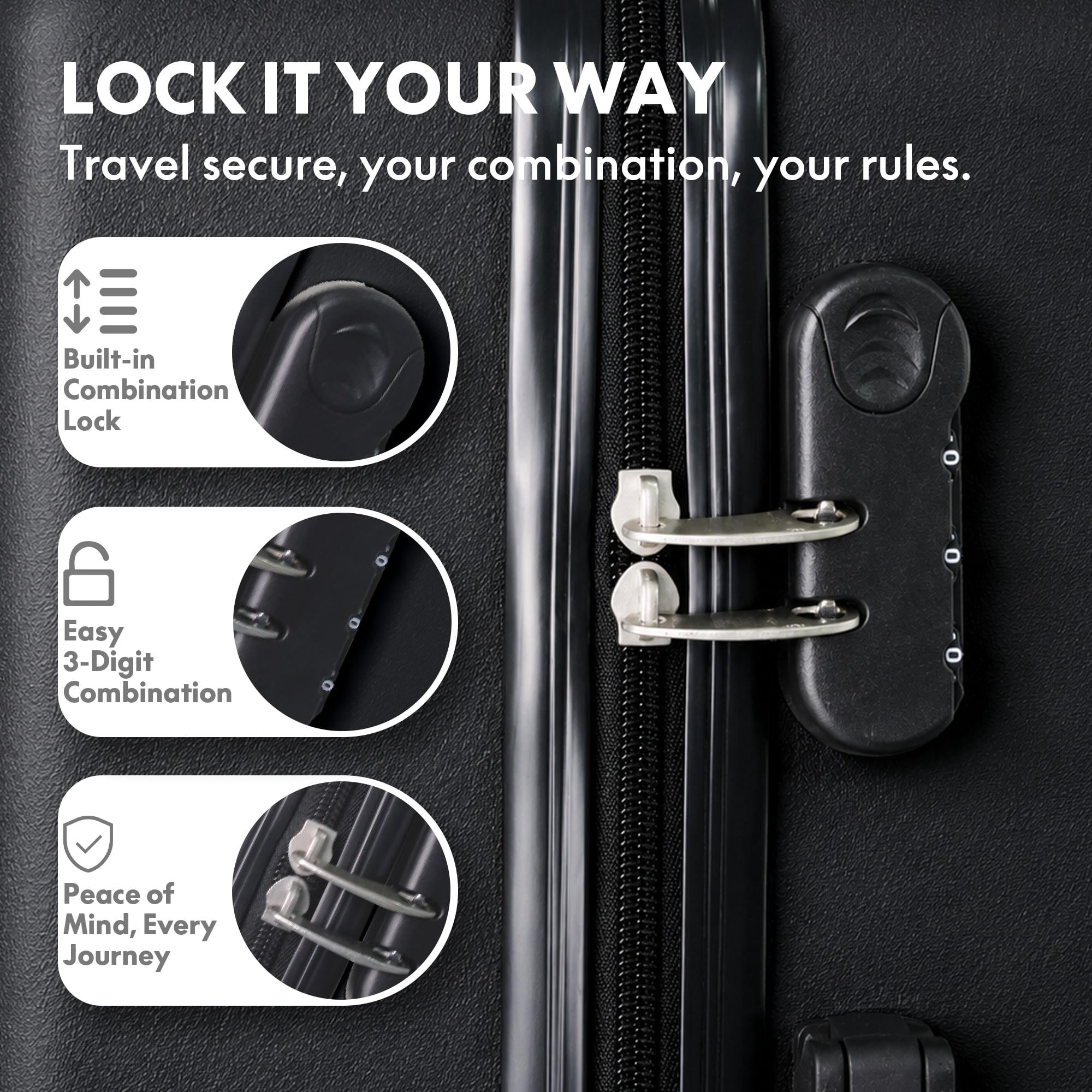 3-Piece ABS Hardshell Luggage Set, Lightweight Scratch-Resistant Suitcases with Silent Spinner Wheels & TSA Lock, Black