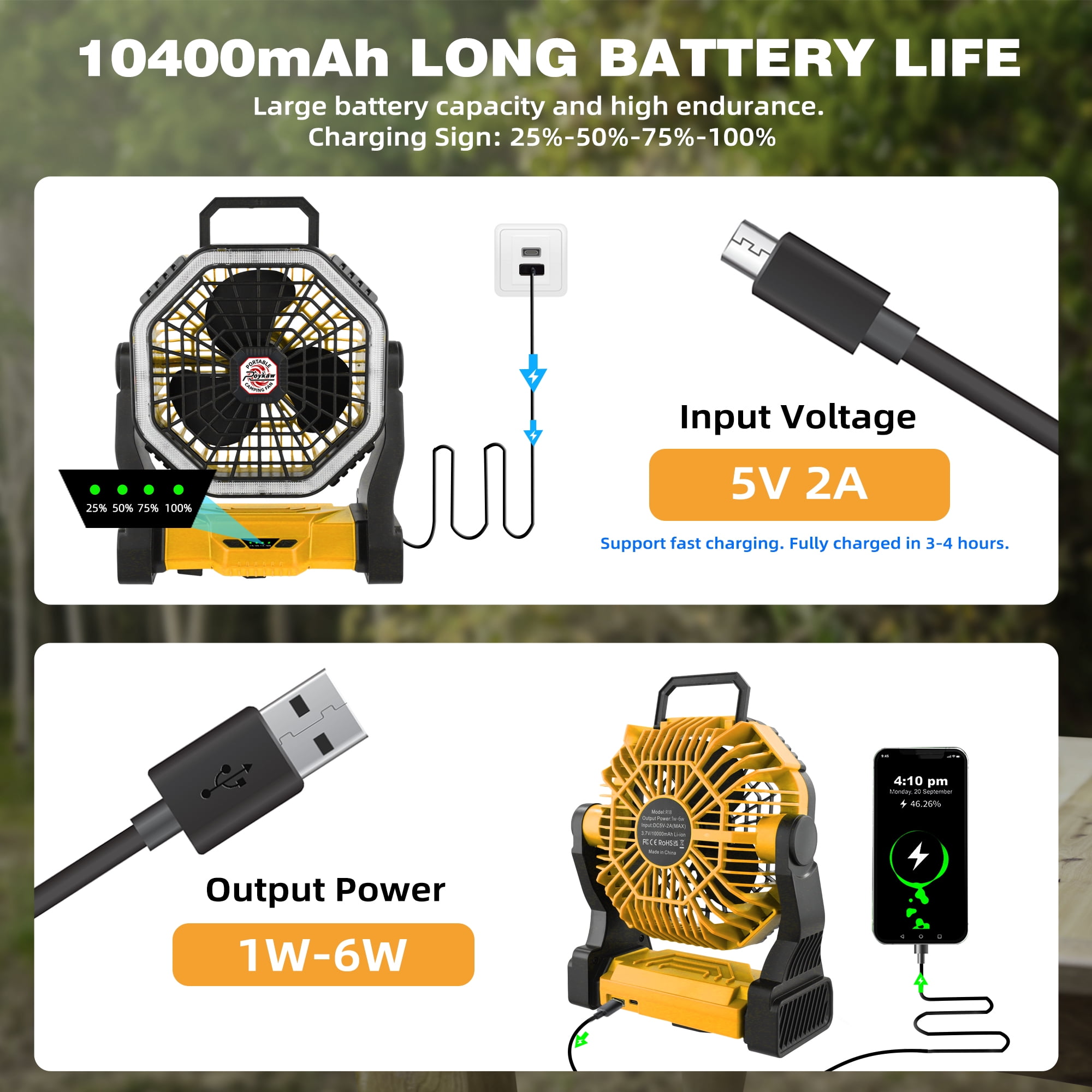 Roykaw Portable Fan for Travel, 10400 mAH Rechargeable Camping Fan, Cordless Battery Powered Fan with Led Light, Battery Fan with Handle, for Tent, Fishing, Hurricane Fan for Bedroom, Yellow
